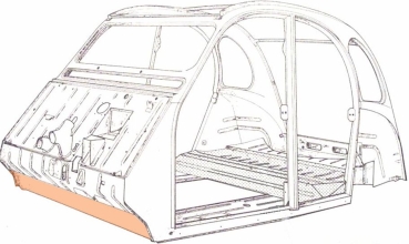 Pedalbodenblech halb hoch innen + außen mit Sicken + Falzen, 2CV